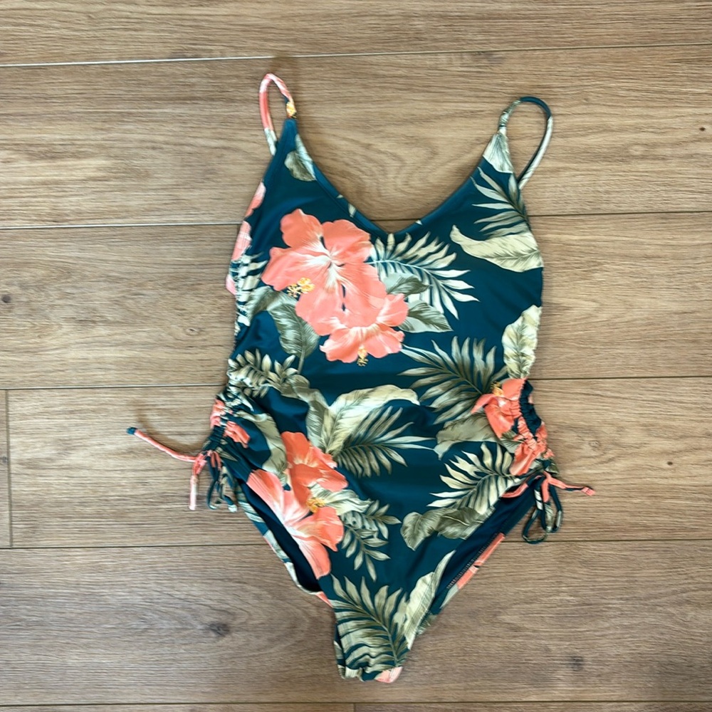 Kona Sol Swim Suit One Piece Womens Green Orange Tropical Floral Size Large